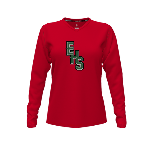 [CUS-DFW-TEES-CMF-VNK-LSL-RED-FYXS-LOGO2] Comfort T-Shirt (Female Youth XS, Red, V Neck, Logo 2, Long Sleeve)