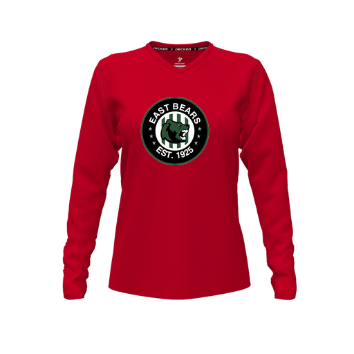 [CUS-DFW-TEES-CMF-VNK-LSL-RED-FYXS-LOGO3] Comfort T-Shirt (Female Youth XS, Red, V Neck, Logo 3, Long Sleeve)